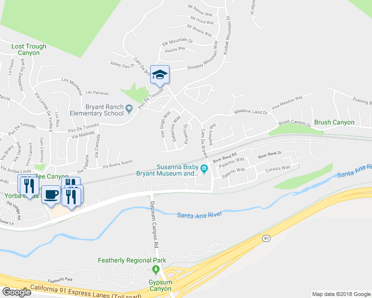 map of restaurants, bars, coffee shops, grocery stores, and more near 5650 Picasso Drive in Yorba Linda