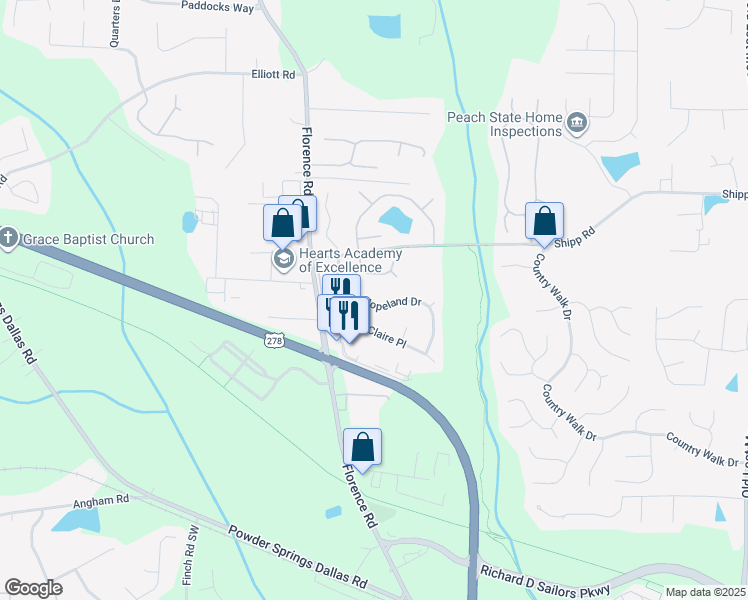 map of restaurants, bars, coffee shops, grocery stores, and more near 5057 Hopeland Drive in Powder Springs