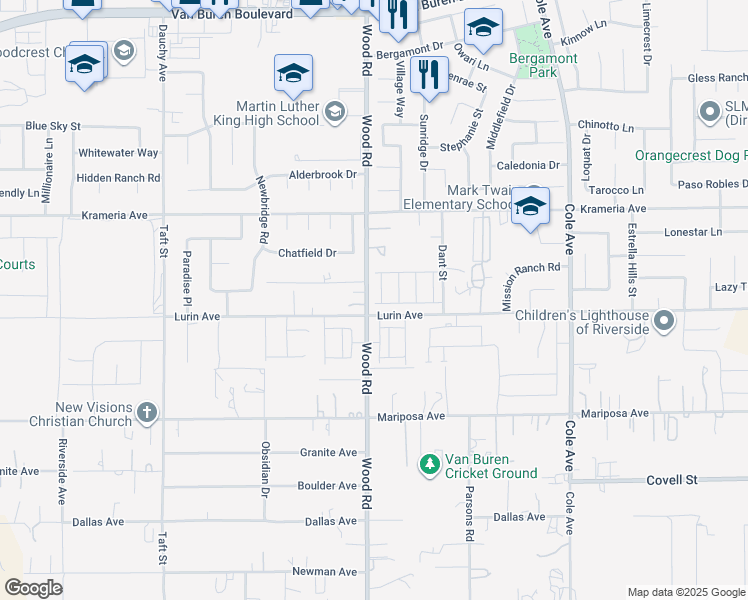 map of restaurants, bars, coffee shops, grocery stores, and more near 9583 Silverstein Drive in Riverside