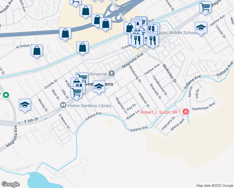 map of restaurants, bars, coffee shops, grocery stores, and more near 13440 Harlow Avenue in Corona