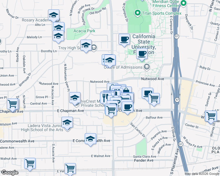 map of restaurants, bars, coffee shops, grocery stores, and more near in Fullerton