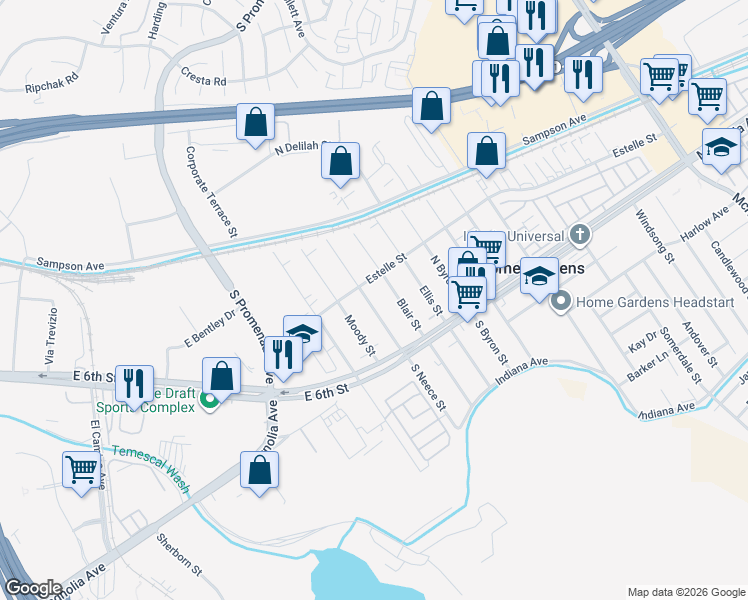 map of restaurants, bars, coffee shops, grocery stores, and more near 3957 South Neece Street in Corona