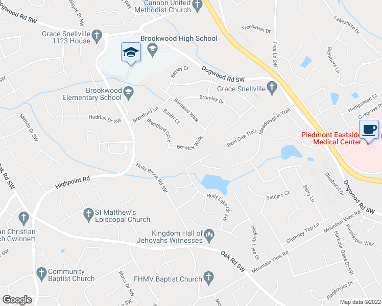 map of restaurants, bars, coffee shops, grocery stores, and more near 2622 Berwick Walk in Snellville