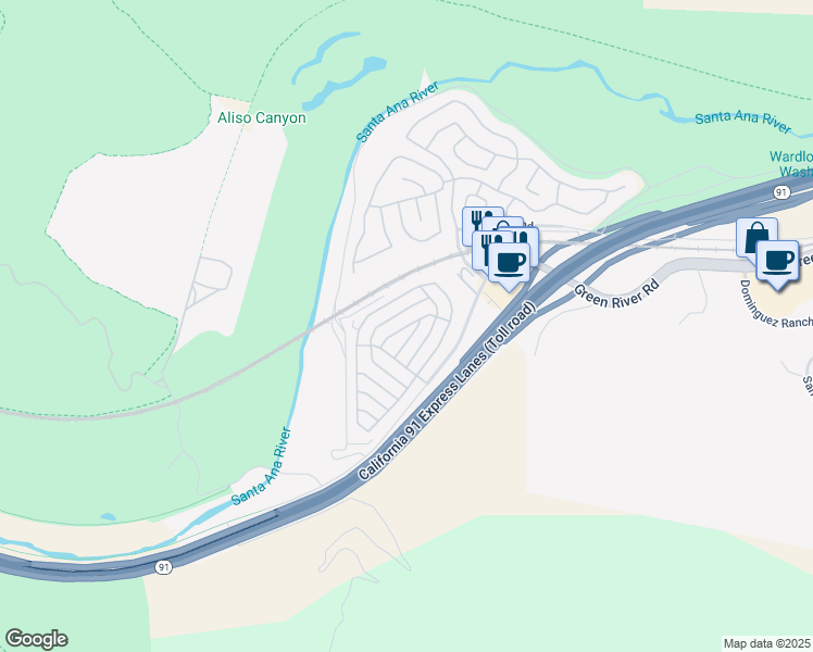 map of restaurants, bars, coffee shops, grocery stores, and more near Candlewood in Corona