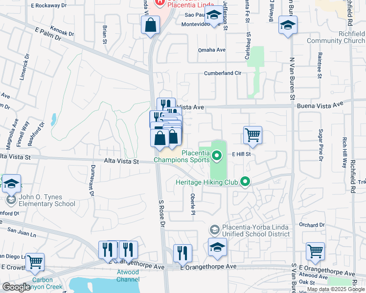 map of restaurants, bars, coffee shops, grocery stores, and more near 714 Olivier Drive in Placentia