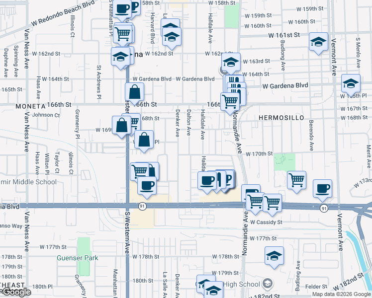 map of restaurants, bars, coffee shops, grocery stores, and more near 16947 Dalton Avenue in Gardena