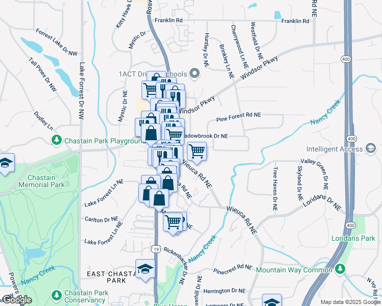 map of restaurants, bars, coffee shops, grocery stores, and more near 281 Meadowbrook Drive Northeast in Atlanta