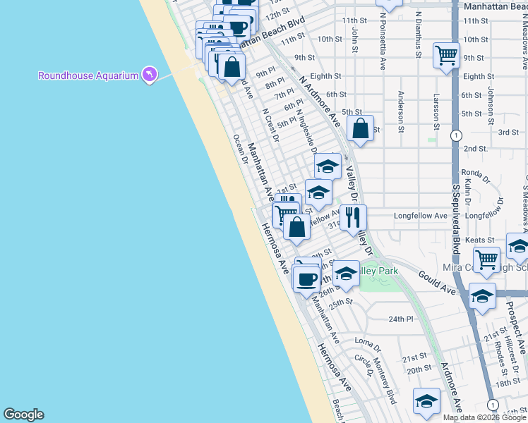 map of restaurants, bars, coffee shops, grocery stores, and more near 1221 Hermosa Avenue in Hermosa Beach
