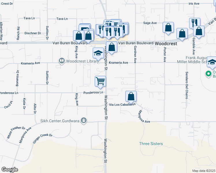 map of restaurants, bars, coffee shops, grocery stores, and more near 16698 Washington Street in Riverside