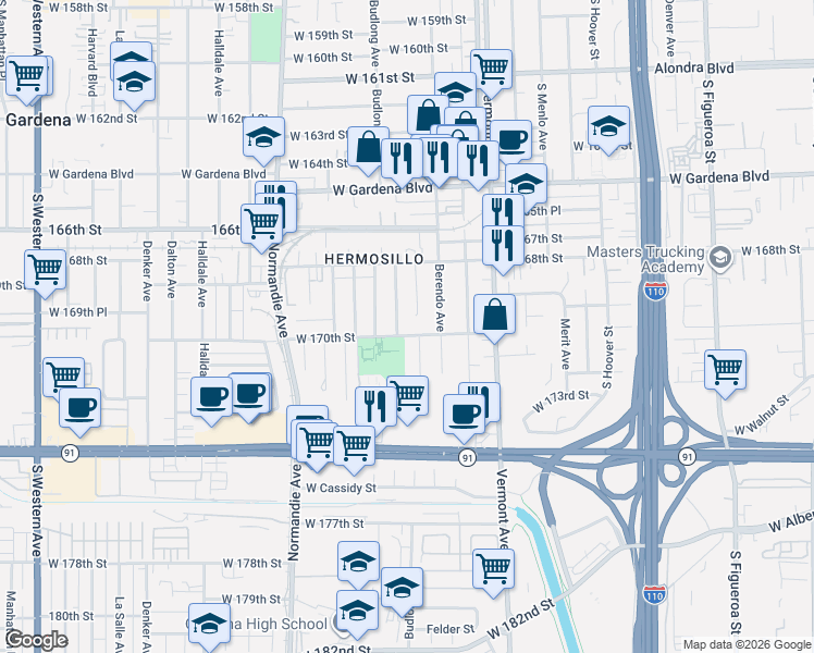 map of restaurants, bars, coffee shops, grocery stores, and more near 16917 South Catalina Avenue in Gardena