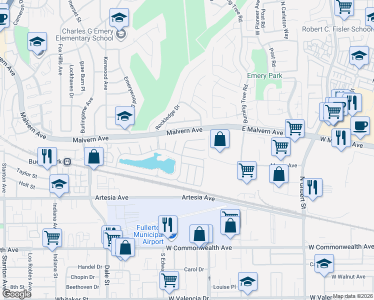 map of restaurants, bars, coffee shops, grocery stores, and more near 6 Tidewater Cove in Buena Park