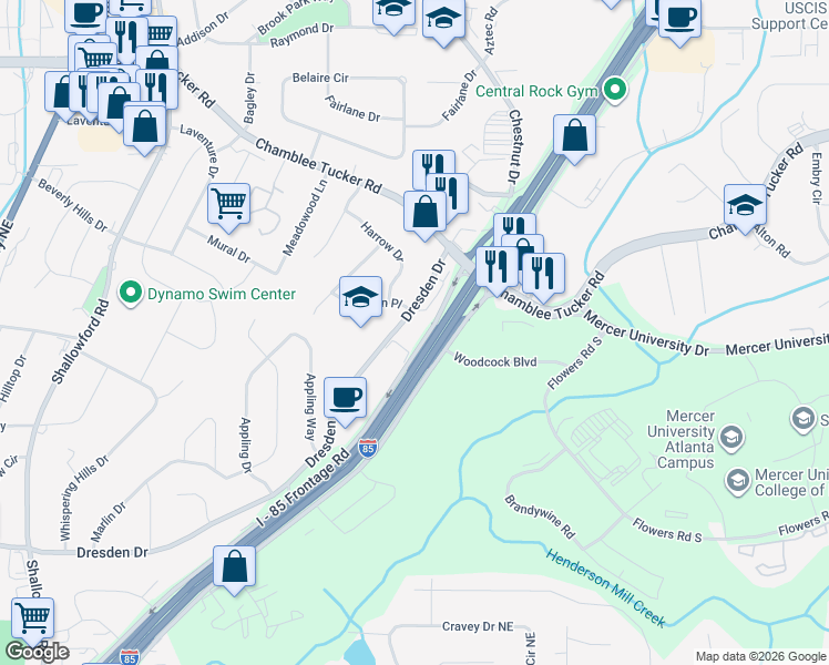 map of restaurants, bars, coffee shops, grocery stores, and more near 2763 Eaton Place in Chamblee