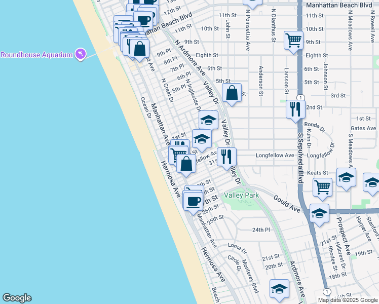 map of restaurants, bars, coffee shops, grocery stores, and more near 3414 Highland Avenue in Hermosa Beach