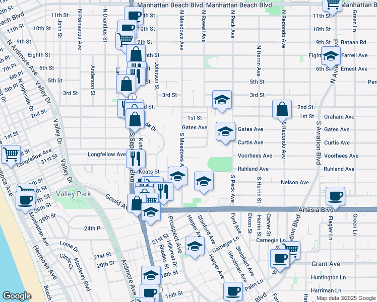 map of restaurants, bars, coffee shops, grocery stores, and more near 1331 Voorhees Avenue in Manhattan Beach
