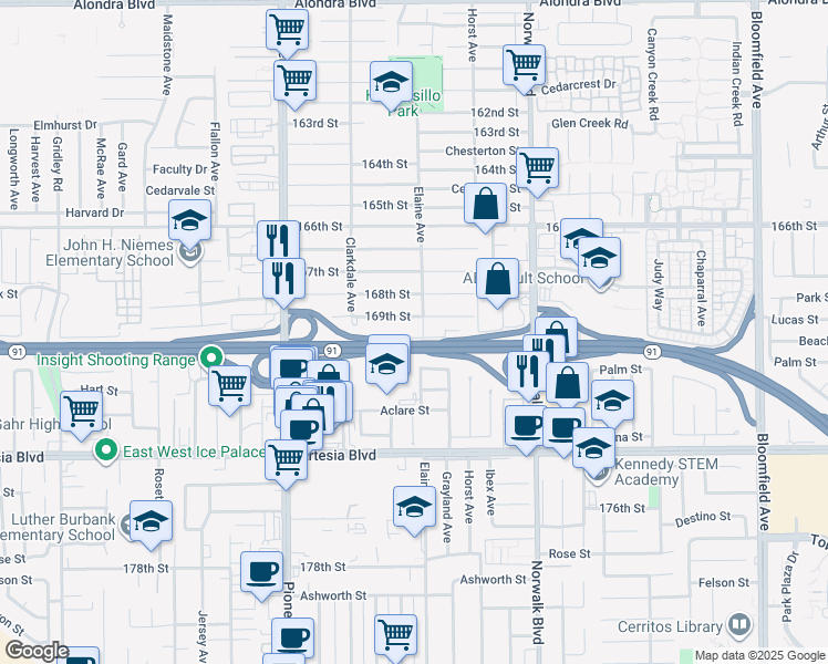 map of restaurants, bars, coffee shops, grocery stores, and more near 11971 170th Street in Artesia