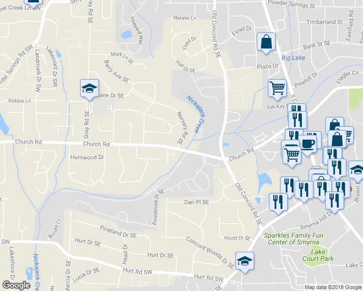 map of restaurants, bars, coffee shops, grocery stores, and more near 3159 Nursery Road Southeast in Smyrna