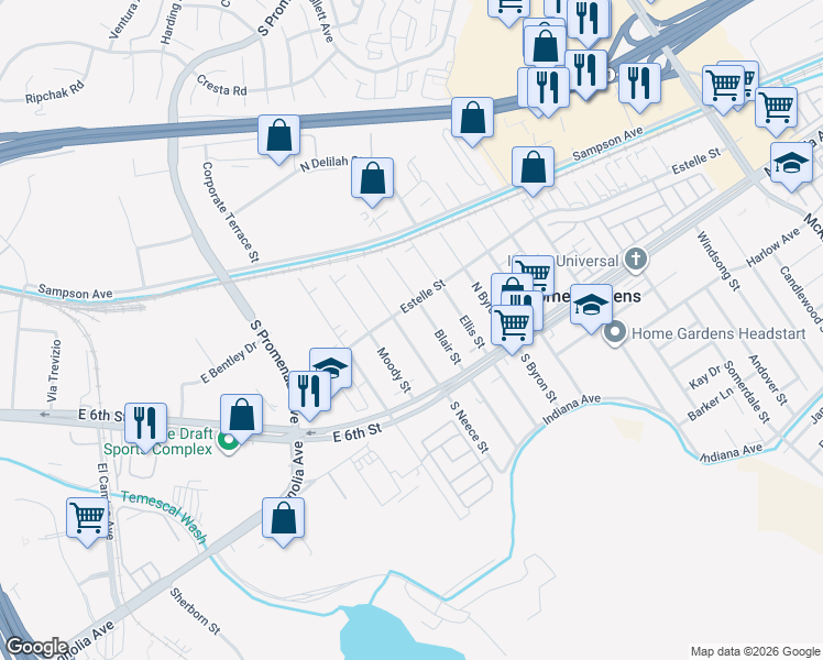 map of restaurants, bars, coffee shops, grocery stores, and more near 3957 South Neece Street in Corona