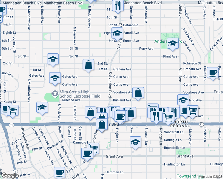 map of restaurants, bars, coffee shops, grocery stores, and more near 2402 Aviation Boulevard in Redondo Beach