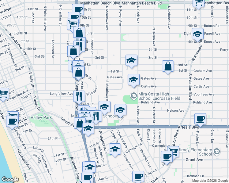 map of restaurants, bars, coffee shops, grocery stores, and more near 1326 Voorhees Avenue in Manhattan Beach