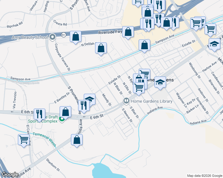 map of restaurants, bars, coffee shops, grocery stores, and more near 3995 South Neece Street in Corona