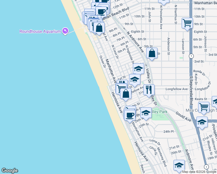 map of restaurants, bars, coffee shops, grocery stores, and more near 3500 The Strand in Hermosa Beach