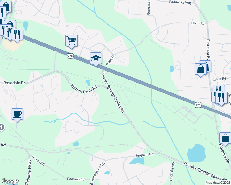map of restaurants, bars, coffee shops, grocery stores, and more near Silver Comet Trail in Powder Springs