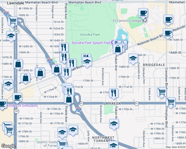 map of restaurants, bars, coffee shops, grocery stores, and more near 16805 Ainsworth Avenue in Torrance