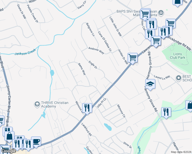 map of restaurants, bars, coffee shops, grocery stores, and more near 5920 Chatham Court Northwest in Tucker