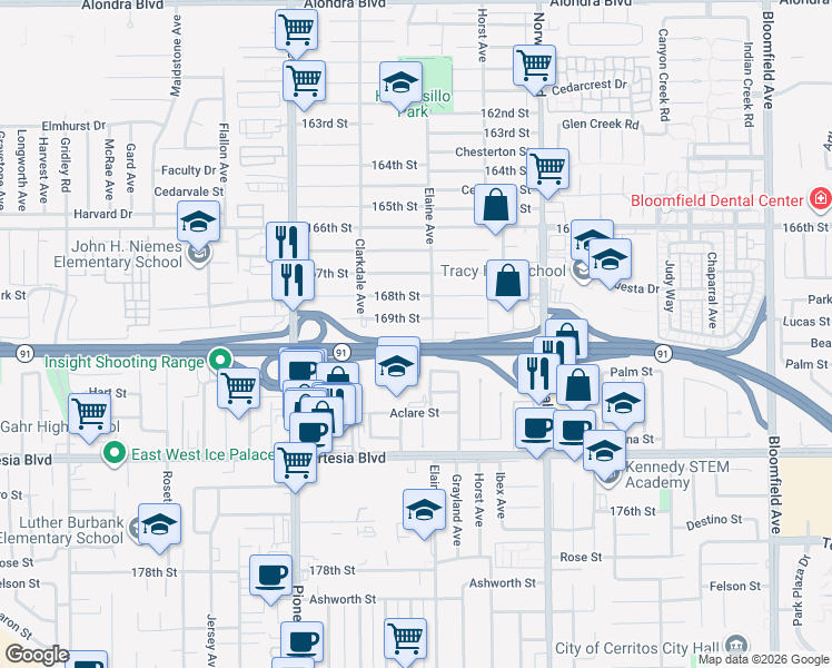 map of restaurants, bars, coffee shops, grocery stores, and more near 11961 170th Street in Artesia