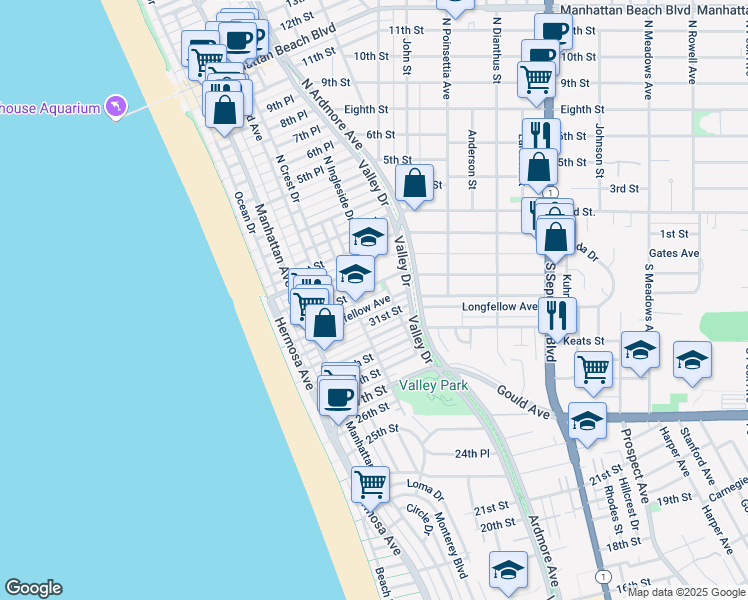 map of restaurants, bars, coffee shops, grocery stores, and more near 435 Longfellow Avenue in Hermosa Beach