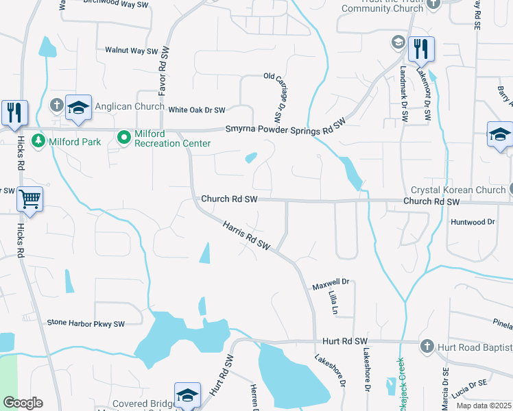 map of restaurants, bars, coffee shops, grocery stores, and more near 3165 Blackshear Drive in Marietta