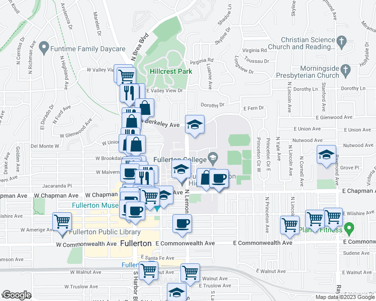 map of restaurants, bars, coffee shops, grocery stores, and more near 802 North Lemon Street in Fullerton