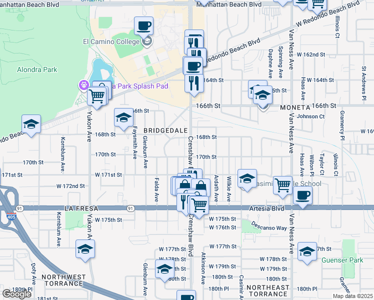 map of restaurants, bars, coffee shops, grocery stores, and more near 16901 Crenshaw Boulevard in Torrance
