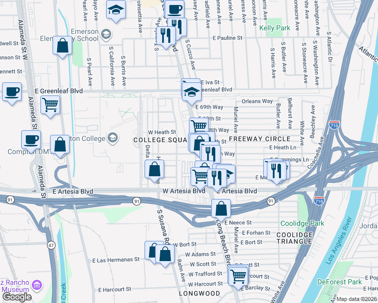 map of restaurants, bars, coffee shops, grocery stores, and more near 143 West 67th Way in Long Beach