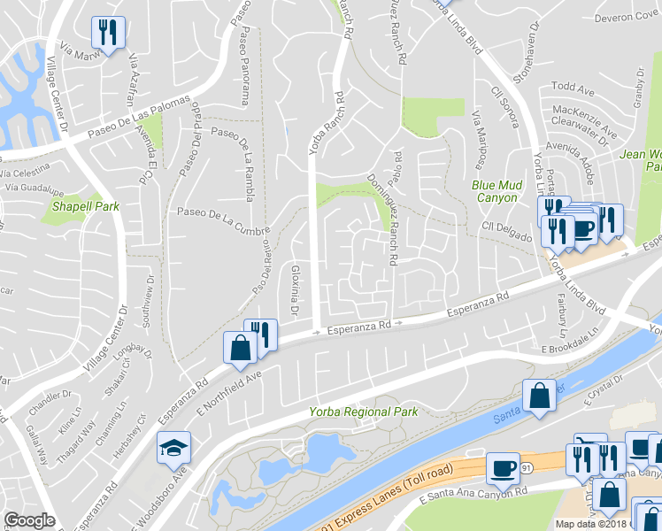 map of restaurants, bars, coffee shops, grocery stores, and more near 6020 Vía Santana in Yorba Linda