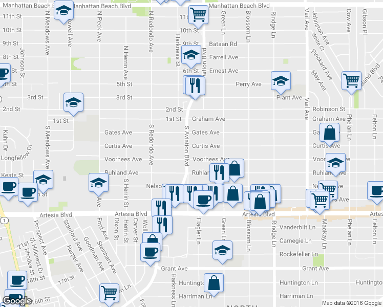map of restaurants, bars, coffee shops, grocery stores, and more near 2406 Aviation Boulevard in Redondo Beach