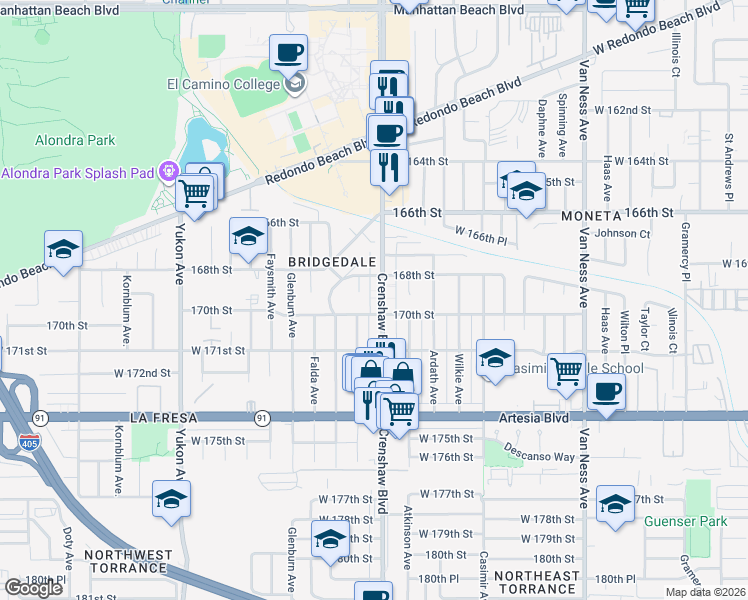 map of restaurants, bars, coffee shops, grocery stores, and more near 16901 Crenshaw Boulevard in Torrance