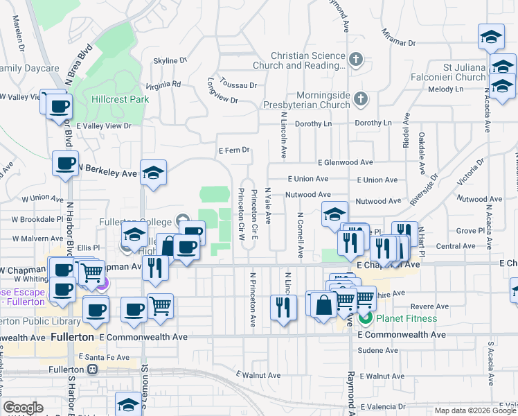 map of restaurants, bars, coffee shops, grocery stores, and more near 604 Princeton Circle East in Fullerton