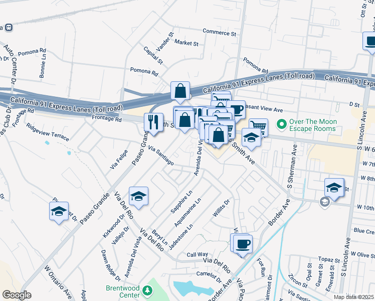 map of restaurants, bars, coffee shops, grocery stores, and more near 1690 West 6th Street in Corona