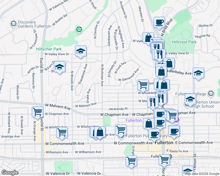 map of restaurants, bars, coffee shops, grocery stores, and more near 417 Del Monte West in Fullerton