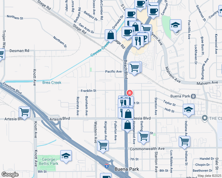 map of restaurants, bars, coffee shops, grocery stores, and more near 7601 Franklin Street in Buena Park