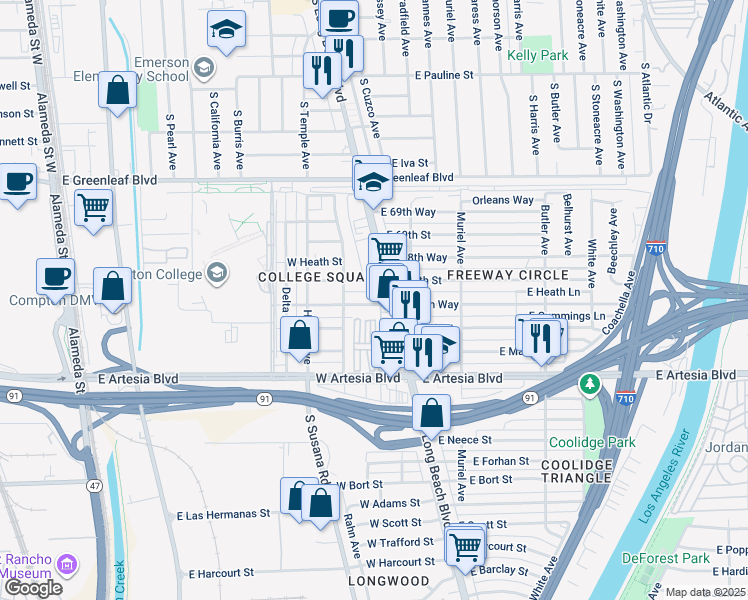 map of restaurants, bars, coffee shops, grocery stores, and more near 146 West 68th Street in Long Beach