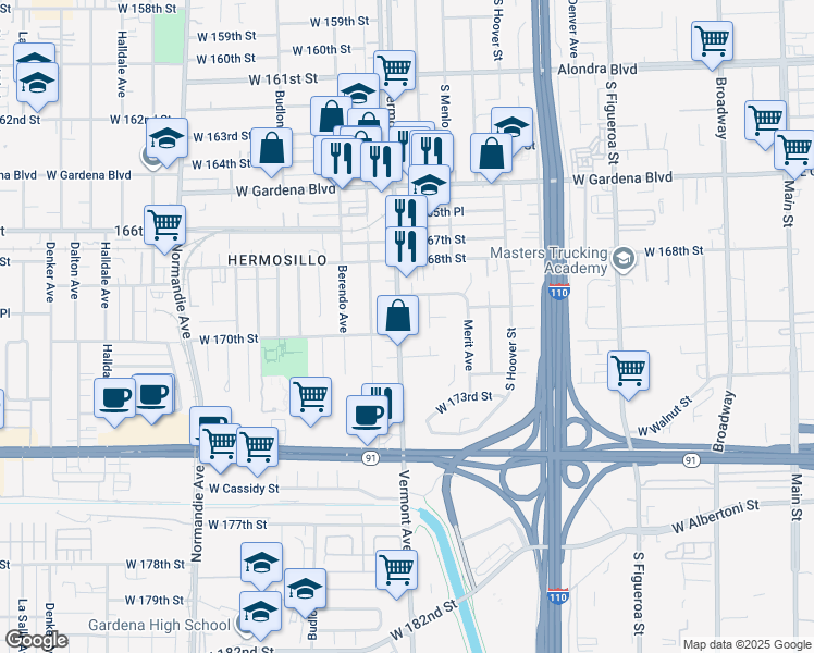 map of restaurants, bars, coffee shops, grocery stores, and more near 16915 Vermont Avenue in Gardena