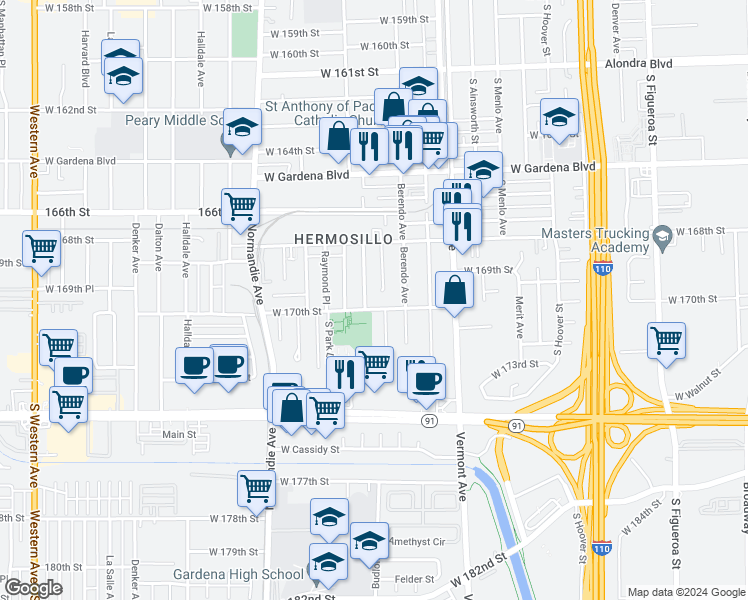 map of restaurants, bars, coffee shops, grocery stores, and more near 16917 South Catalina Avenue in Gardena