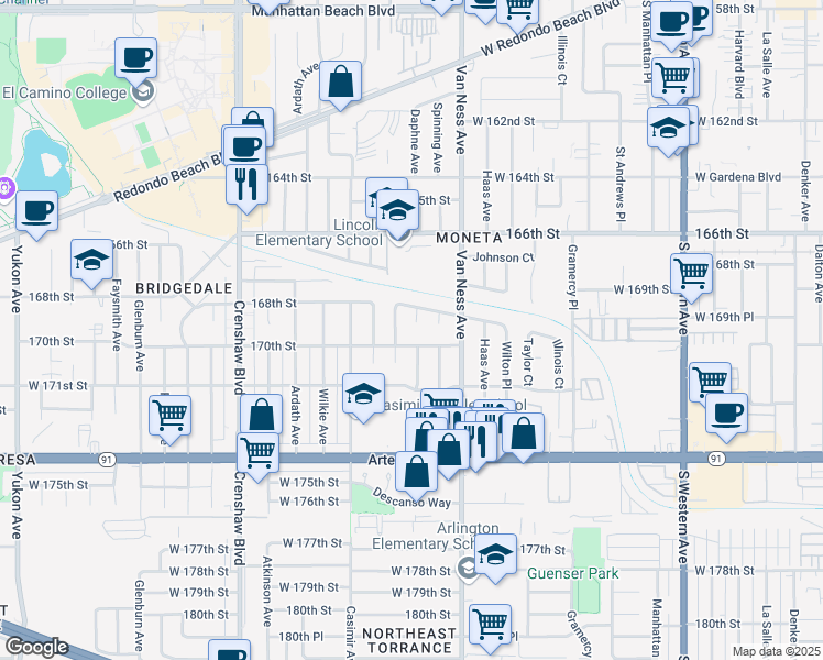 map of restaurants, bars, coffee shops, grocery stores, and more near 16910 Purche Avenue in Torrance