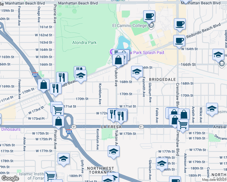 map of restaurants, bars, coffee shops, grocery stores, and more near 16816 Yukon Avenue in Torrance