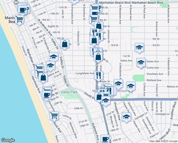 map of restaurants, bars, coffee shops, grocery stores, and more near 308 South Dianthus Street in Manhattan Beach