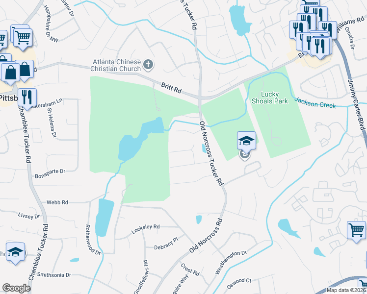 map of restaurants, bars, coffee shops, grocery stores, and more near 6606 Royal Oak Court in Tucker