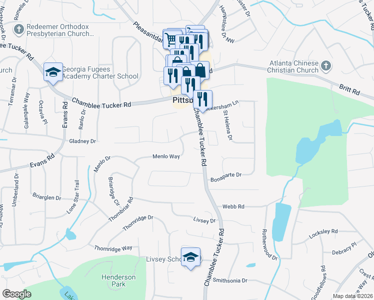 map of restaurants, bars, coffee shops, grocery stores, and more near 4125 Menlo Way in Doraville