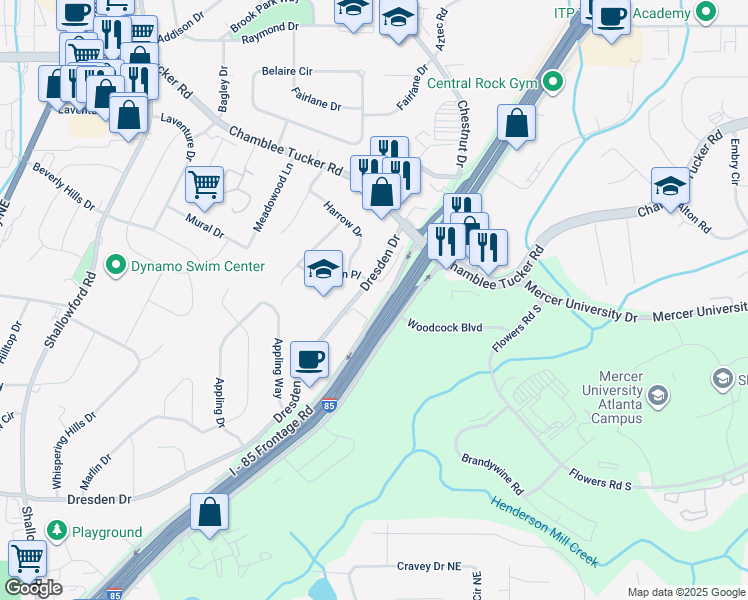 map of restaurants, bars, coffee shops, grocery stores, and more near 2763 Eaton Place in Chamblee